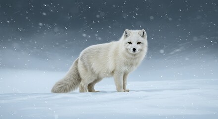 An arctic fox stands in snowy weather its white fur blending with the snow