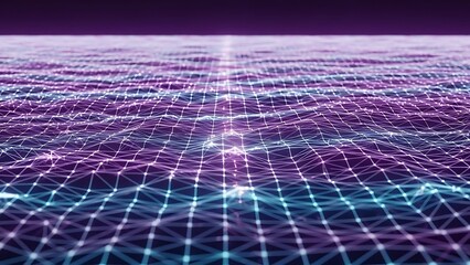Digital grid landscape with neon lights and purple haze