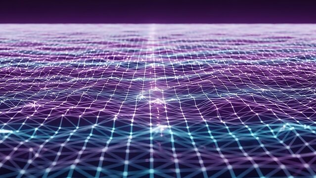 Digital grid landscape with neon lights and purple haze - Powered by Adobe