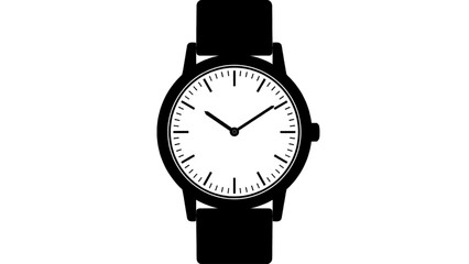 Vector illustration of a simple black and white analog wrist watch, time device, on transparent background