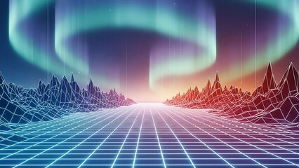 Futuristic landscape with neon grid and aurora borealis