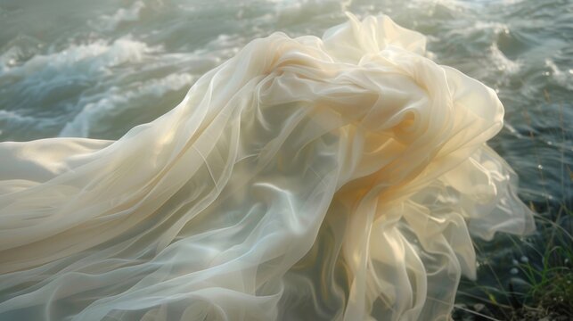 A gauzy fabric billowing in the wind giving the illusion of a serene moving painting at the rivers edge.