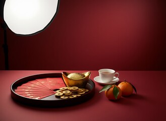 Cozy tea time scene with red fan cookies mandarin and lamp for festive lunar new year