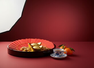 Elegant lunar new year still life with red fan gold ingots tea set and fresh mandarin