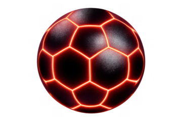 Soccer ball radiating strong orange and red energy, symbolizing strength, passion, and advanced innovation, with transparent background