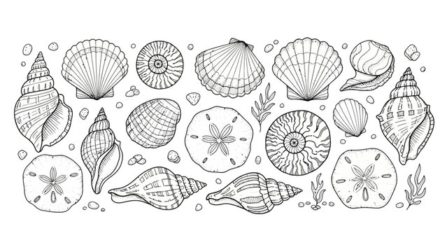 Detailed Hand-Drawn Collection of Various Seashells and Marine Life.