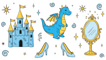 Fantasy Fairytale Elements Set with Castle Dragon Glass Slippers Mirror. © MR.HAY