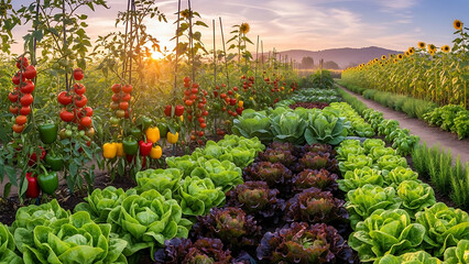 Wide view of a flourishing organic vegetable garden during golden hour