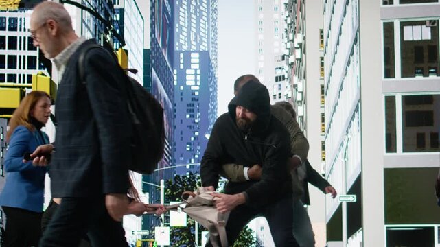 Crime scene of robbery with man stealing a handbag from young adult, pedestrian group becomes aware offering protection and support. People beating criminal to stop unlawful wrongdoing. Camera A.