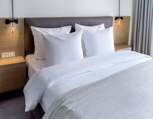 close up on minimalistic hotel bedding clean white pillows duvet blankets bedsheets neatly placed on a bed linen