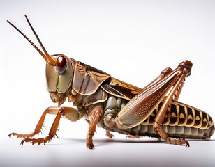 detailed close up shows a grasshopper on a stark white background featuring incredible detail