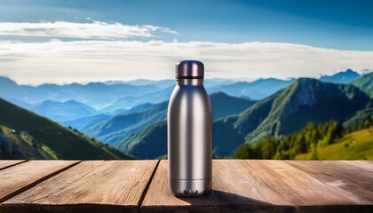 gray water bottle on wooden table mountain backdrop
