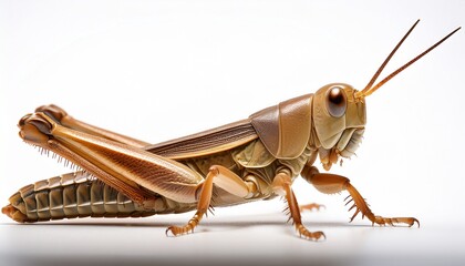 a detailed macro shot captures a tan grasshopper in sharp focus against white background