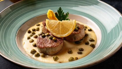 a dish of veal scallopini with capers and lemon sauce