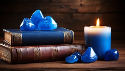 polished blue sodalite crystals arranged near vintage leather bound books and burning candle on rustic wooden surface creating mystical atmosphere