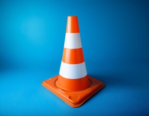 orange and white traffic cone standing on a blue background symbolizing caution safety and work in progress
