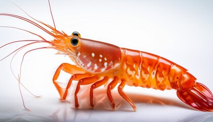 macro shot showcasing intricate details of a vibrant orange shrimp against white background