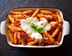 a dish of baked ziti with mozzarella and marinara sauce
