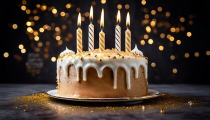 birthday cake with four lit candles gold sprinkles and white frosting on a dark background