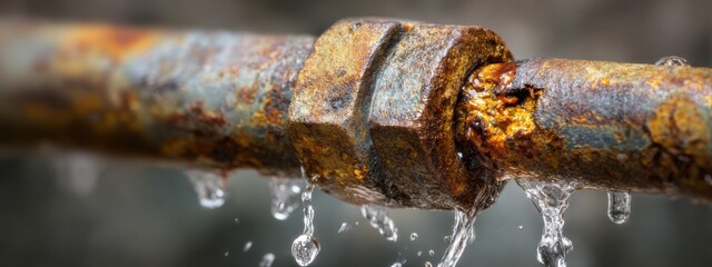 Rusty pipe with water dripping during day in an industrial area