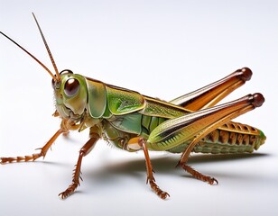 detailed macro shot showcases a green and brown grasshopper on a white surface