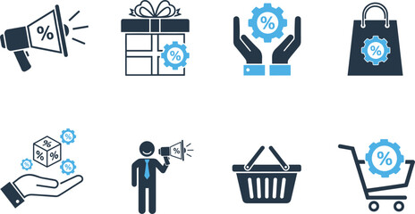 E-commerce Marketing Icon Set Featuring Promotional Megaphones Discount Percentages Shopping Baskets and Retail Sales Growth Technology Symbols for Business Branding