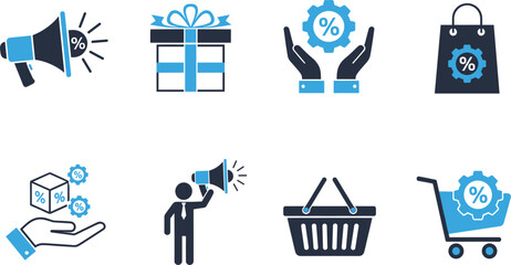 E-commerce Marketing Icon Set Featuring Promotional Megaphones Gift Boxes Discount Percentages Shopping Baskets and Retail Sales Growth Business Technology Symbols