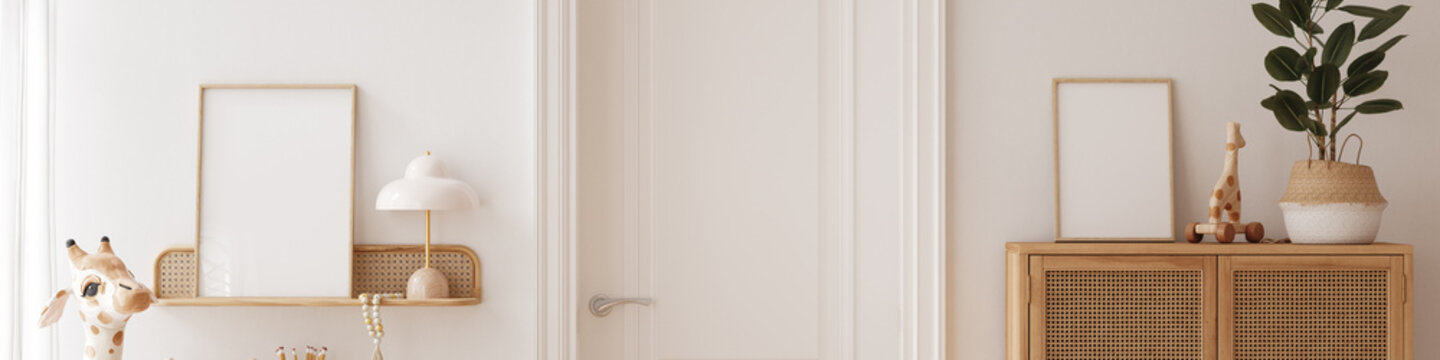 Banner of beautiful kids room with rattan furniture, Scandi-Boho children room interior, gallery frame mockup, 3d render