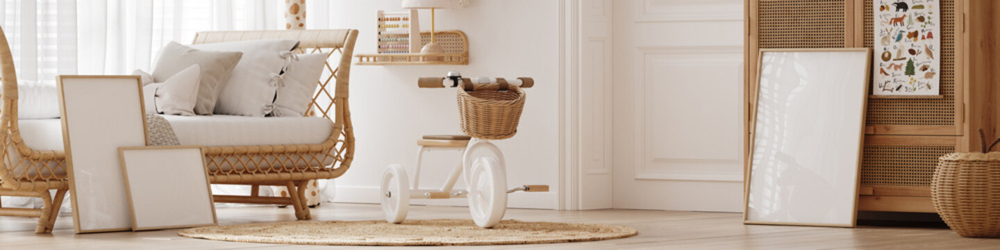 Banner of beautiful kids room with rattan furniture, Scandi-Boho children room interior, gallery frame mockup, 3d render