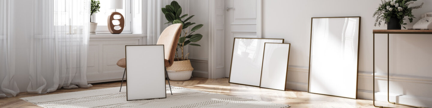 Gallery frame mockup in modern home interior background, banner, 3d render