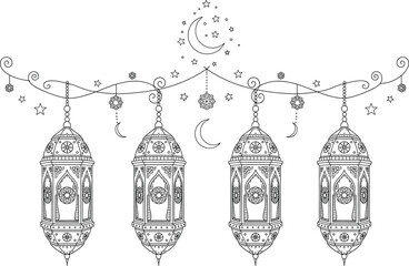 Minimalist yellow crescent moon surrounded by a circular pattern of stars on a clean white background.