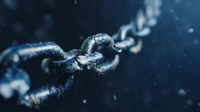 Breaking Metal Chain Underwater Closeup.