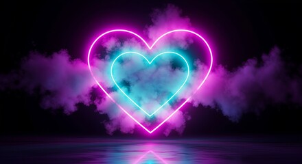 A vibrant neon heart with blue and pink outlines glows against a dark background, surrounded by soft, colorful smoke, creating a romantic, mystical atmosphere.