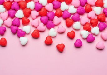 A scattered array of small, colorful heart-shaped candies in red, pink, and white on a soft pink background.