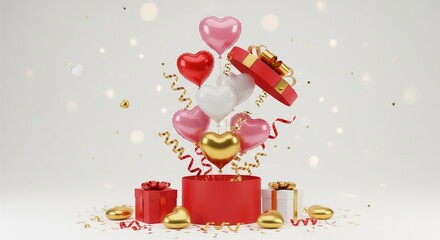 Red and gold gift boxes with heart-shaped balloons rising above, creating a festive and romantic atmosphere, set against a light background.