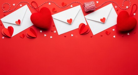 Three white envelopes with red heart stickers are surrounded by red and white hearts, heart-shaped balloons, and a spool of twine on a vibrant red background.