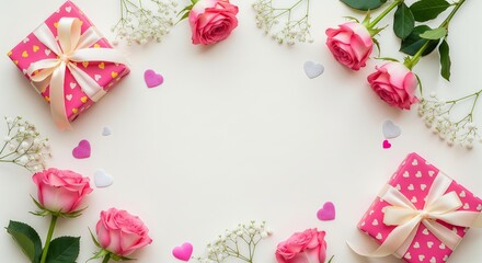 Pink roses and gypsophila flowers form a circle with pink heart-shaped confetti. Two pink polka dot gift boxes, tied with cream ribbons, are placed diagonally.