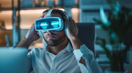 A busy professional sitting at their desk taking a break to use a portable cryotherapy device on their temples finding quick relief from workrelated stress.