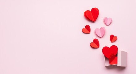 A small open box on a pink background, overflowing with red and pink paper hearts, scattered around the box.
