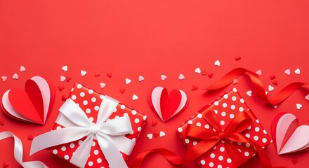 Colorful gift boxes with polka dots and bows on a vibrant red background, surrounded by paper hearts and ribbons. Perfect for celebrations.