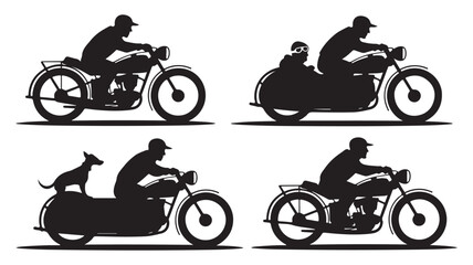 Motorcycle Rider Silhouettes with Sidecar, Child, and Dog Vector Set Isolated on White