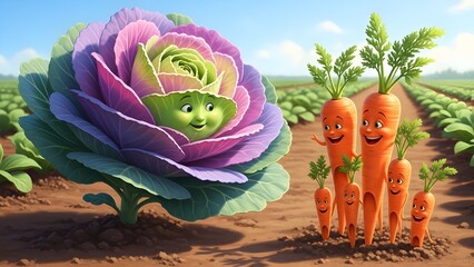 Charming cartoon illustration of a happy, smiling baby cabbage character nestled inside a large, colorful ornamental cabbage, standing next to a family of cheerful cartoon carrots in a sunny field