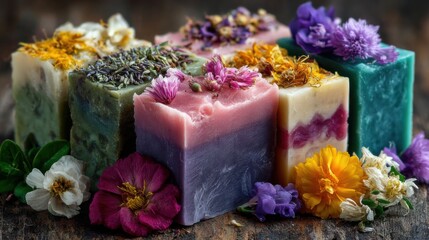 Handmade soap bars with flowers arranged on a wooden surface in natural light
