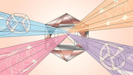 Vibrant crystal prism refracting colorful light beams through transparent geometric shapes on pastel background with abstract and design and science