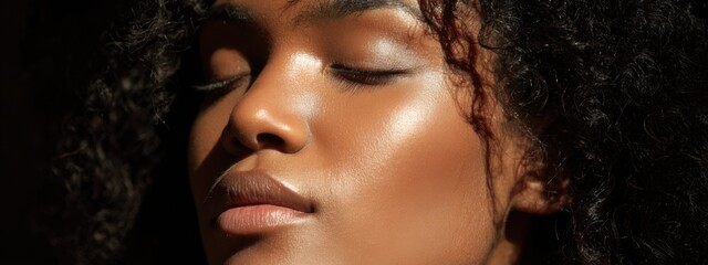 Close-up of a woman with curly hair enjoying sunlight on her face in a quiet indoor space