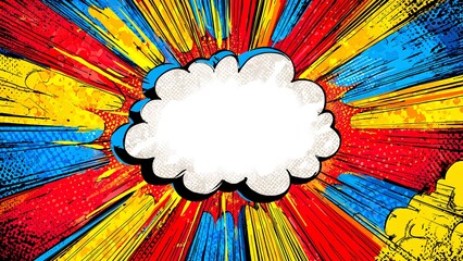 Comic Pop Art Explosion Background with Blank Speech Bubble and Colorful Rays