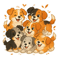 Fototapeta premium Playful Puppies: A heart-warming illustration of a group of adorable, happy puppies, each with its own unique personality, exuding a sense of joy, camaraderie, and youthful energy.