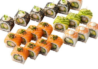 Meticulously arranged Japanese sushi rolls with vibrant salmon, black sesame, chives, shrimp tempura, and creamy toppings on a wooden board against a white background. Concept of gourmet culinary