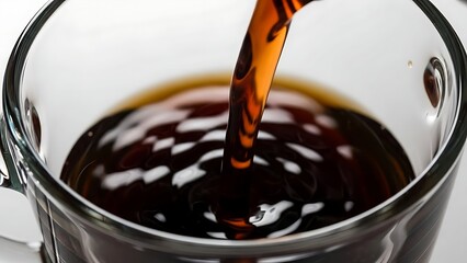 Dark beverage pouring into a clear glass mug, creating dynamic ripples and an enticing visual of a refreshing drink being prepared