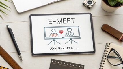 Tablet displaying an E-Meet video conference sketch on a desk